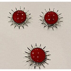 VINTAGE MCM ATOMIC STARBURST SUN RAYS SILVER RED BROOCH CLIP ON EARRINGS SET EUC